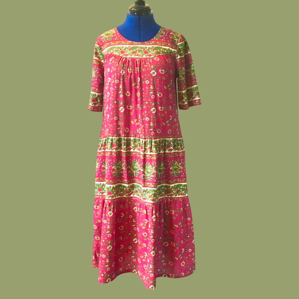 The Vermont Country Store Pink Floral Tiered Midi Dress